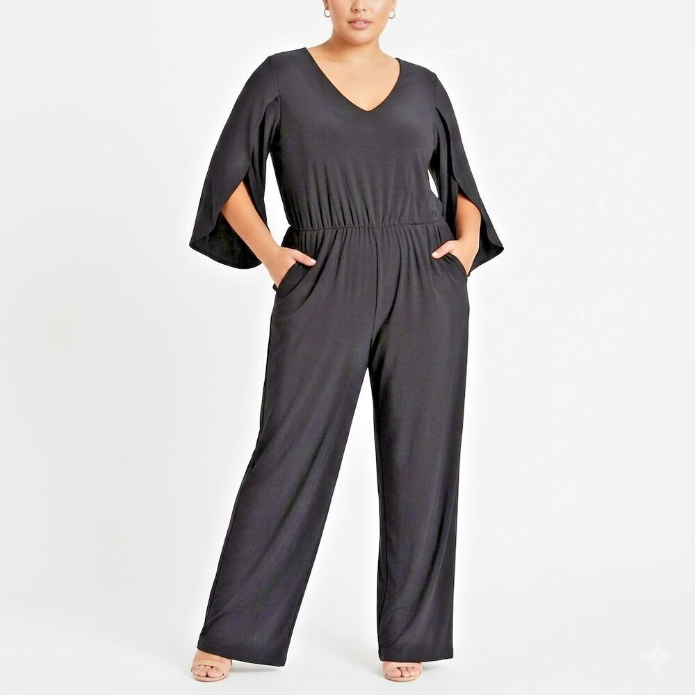 Calvin Klein Jumpsuit Womens Plus Black V Neck Split Sleeve Wide Leg Pockets